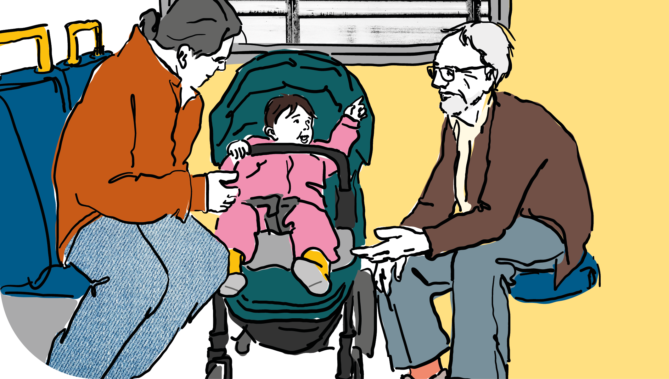 Illustration på två personer och en bebis på en buss.