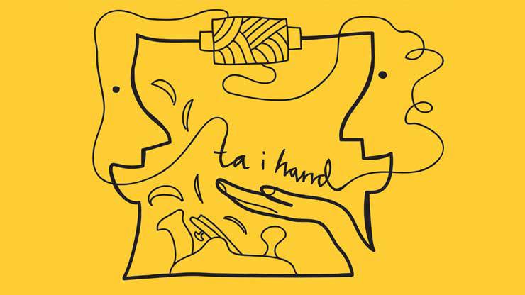 Illustration av ansikten med händer som pratar och håller verktyg