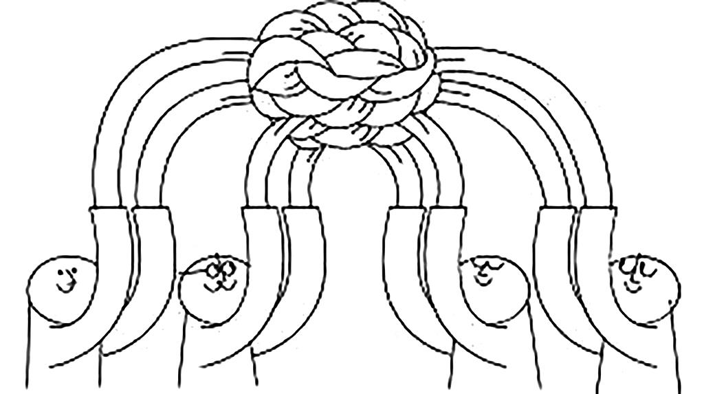 Illustration av fyra figurer med långa händer som knyts ihop till en stor boll