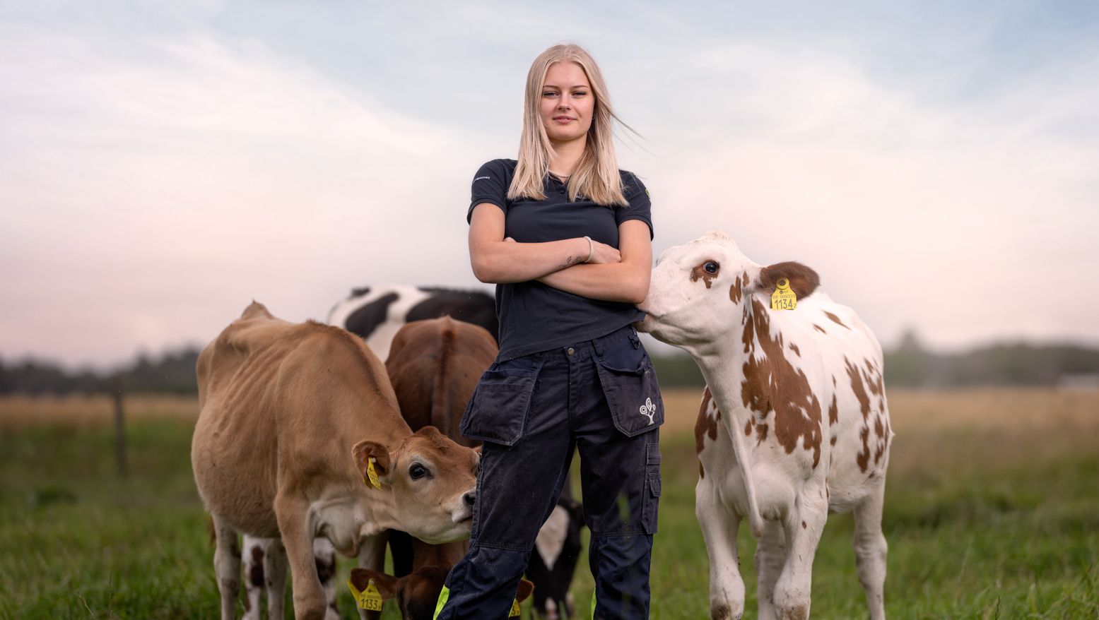 Elev med arbetskläder poserar framför kor i grön hage