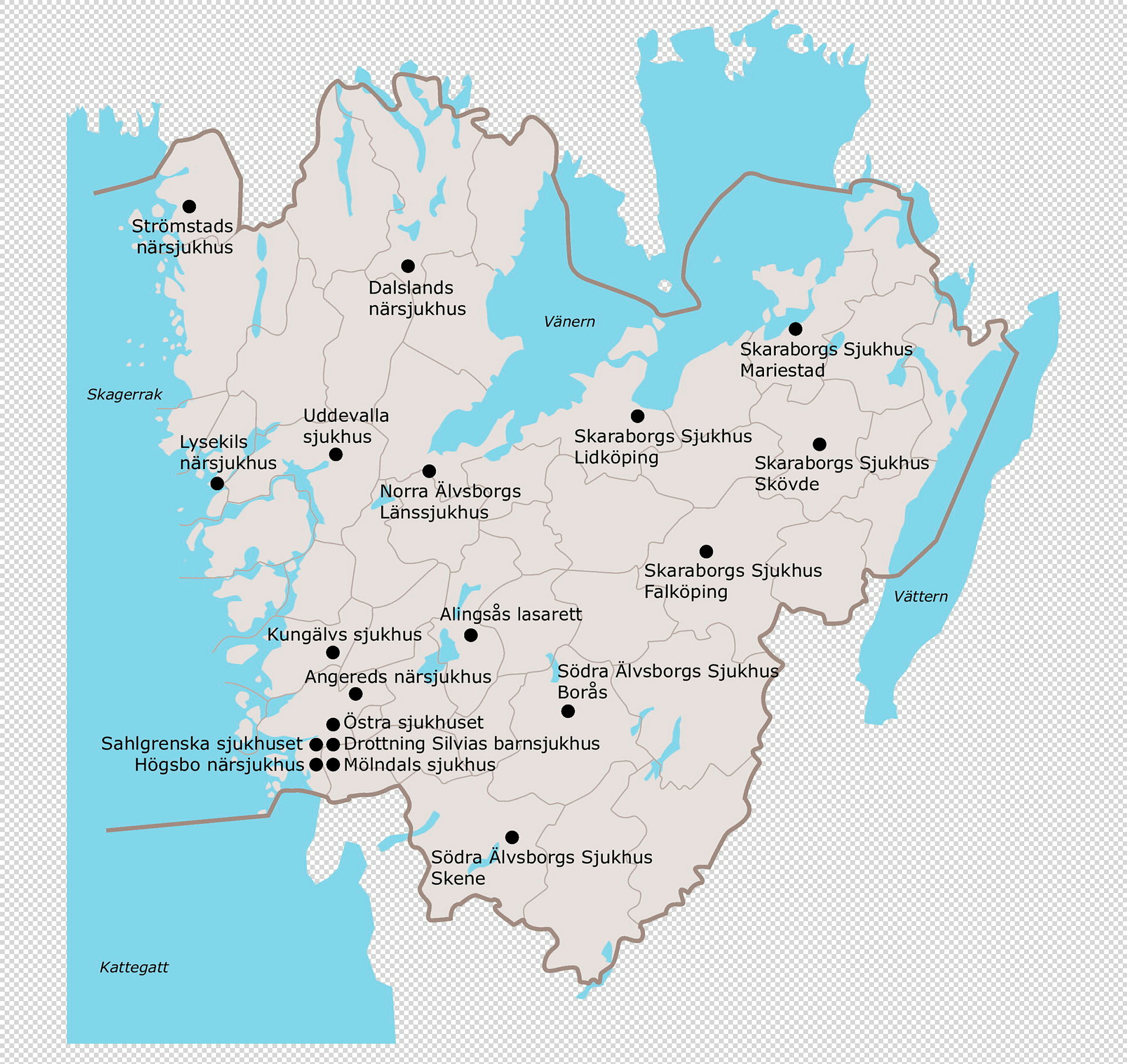 Karta med lager över alla sjukhus i VGR. I filen finns möjlighet att själva ta fram de delar  av kartan man vill använda. Filen är i ai format och kan öppnas i Illustrator och användas i digitala sammanhang.