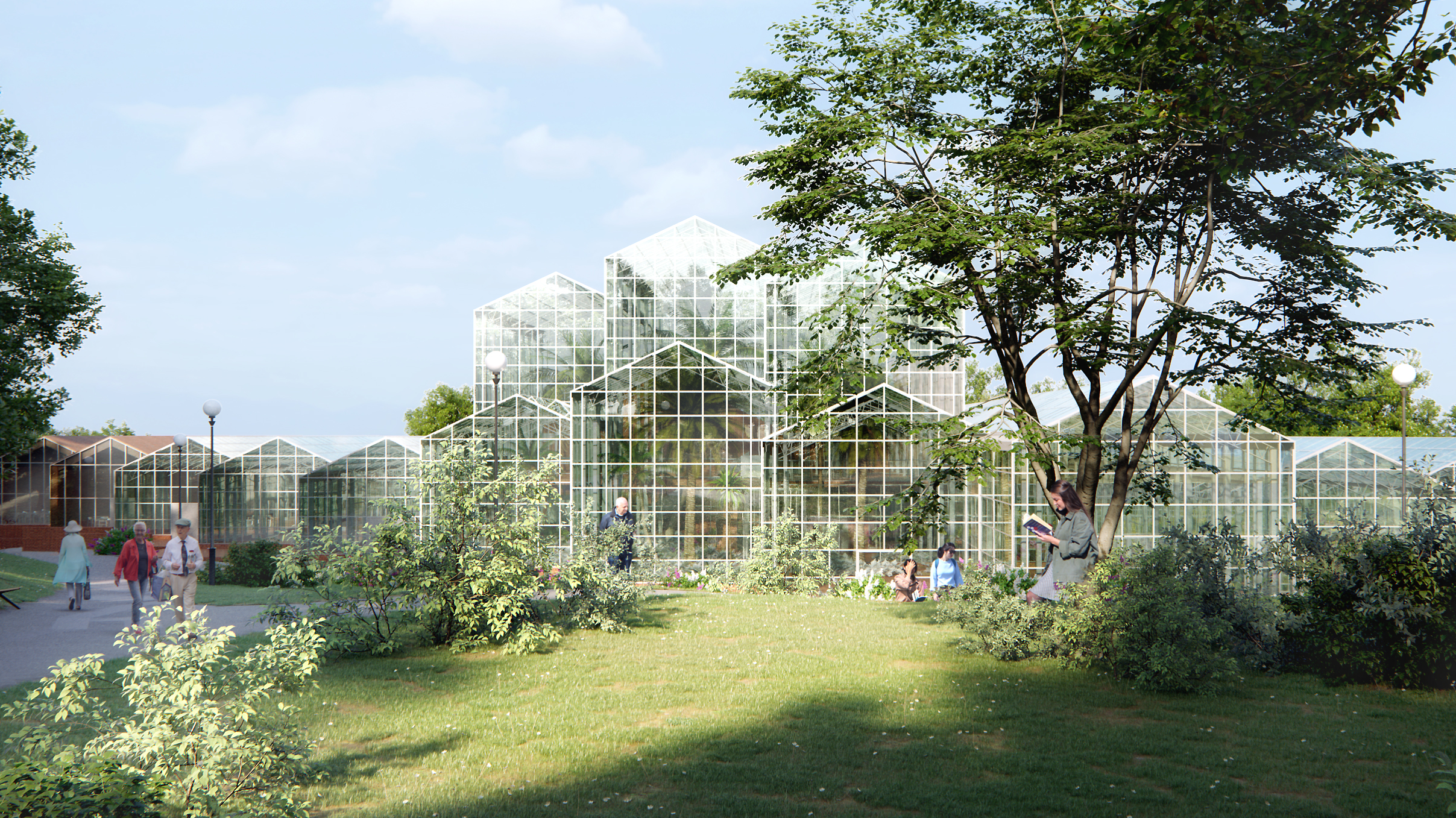 Visionsbild med växthus i bakgrunden omgivet av grönska