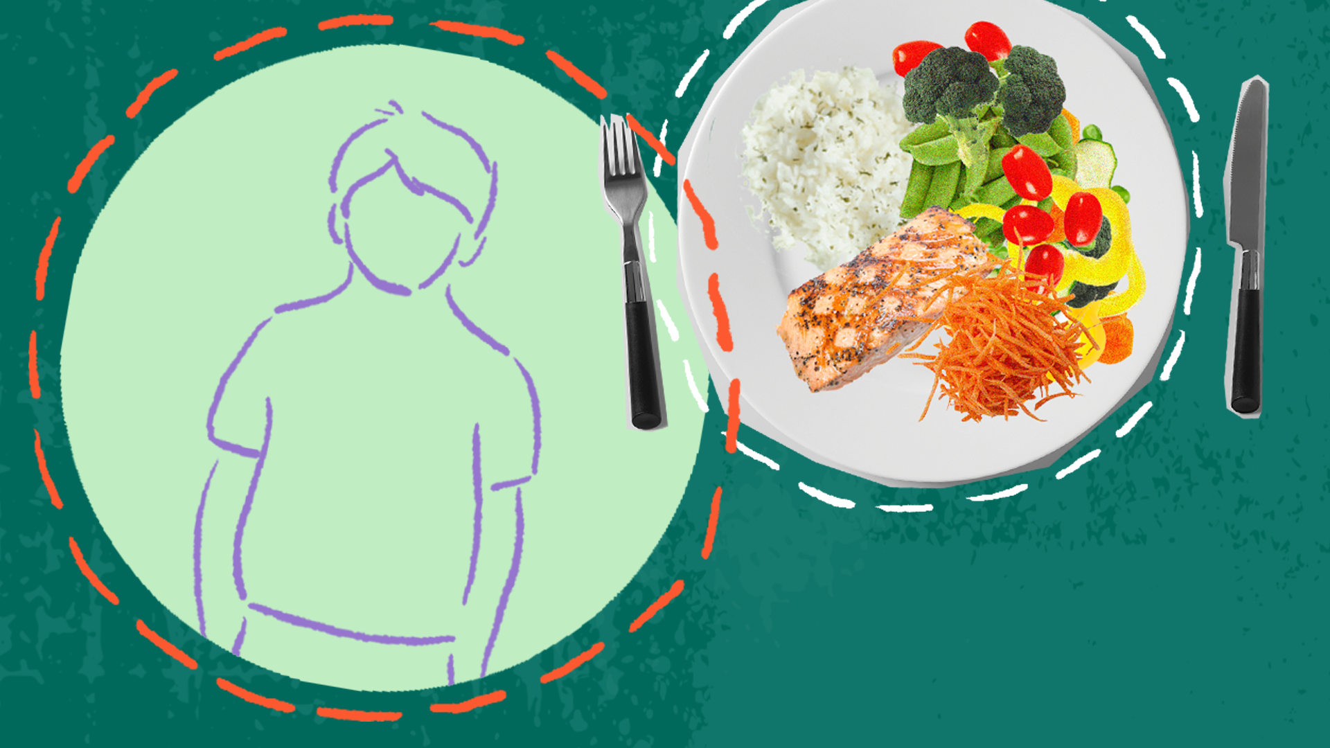 Två tallrikar en med nyttig mat och en med en skissbild av ett barn.