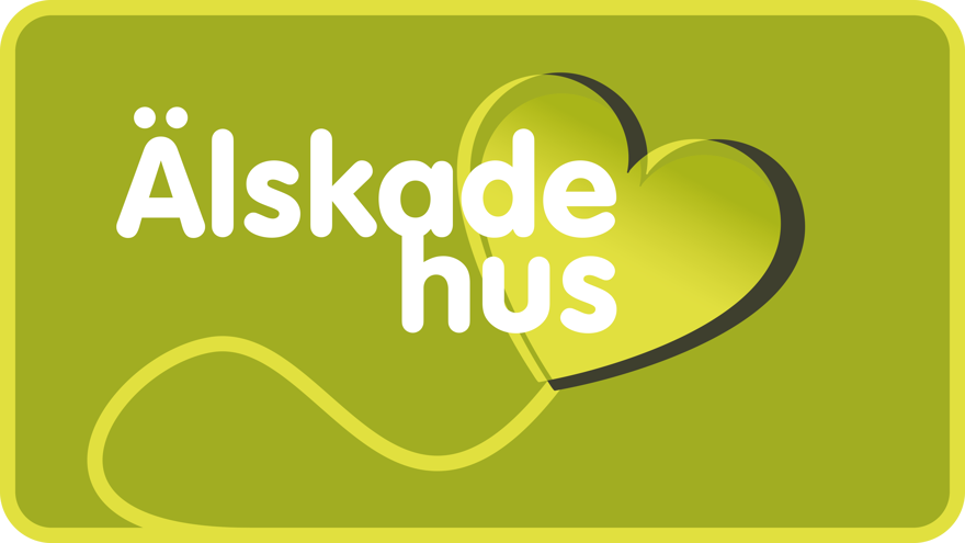 En grön bakgrund med texten "Älskade hus" i vitt ovanpå och något ljusgrönt hjärta på en stjälk i bakgrunden